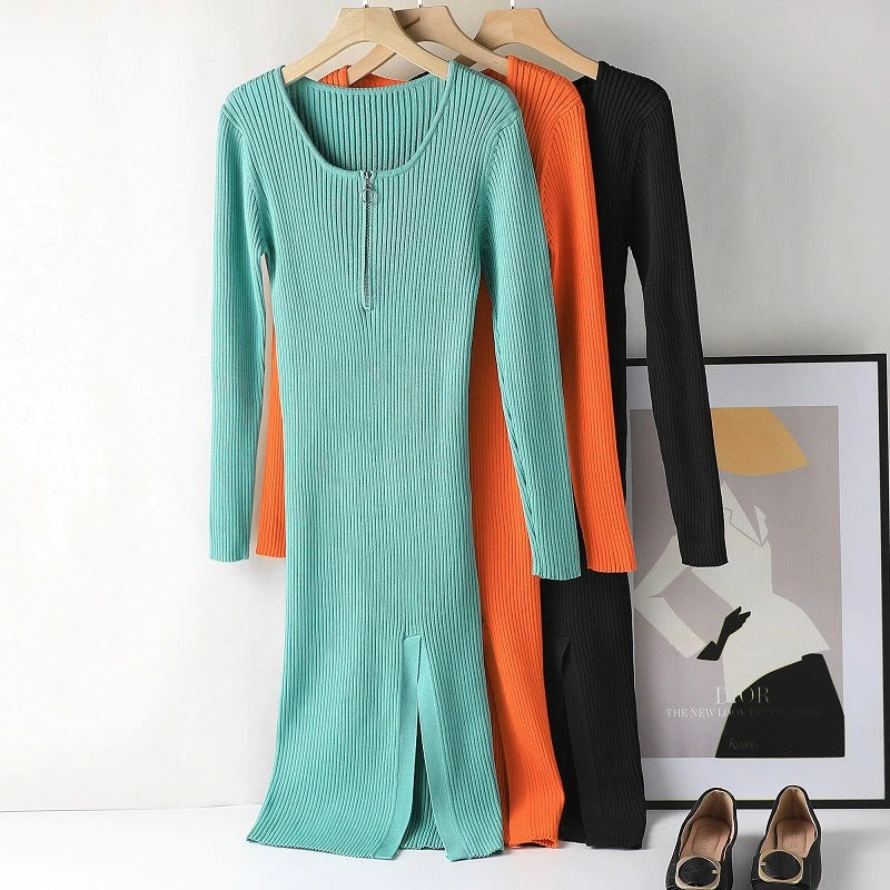 Slim Fit Knitted Long Sleeved Zipper Dress-Soco Hoodie