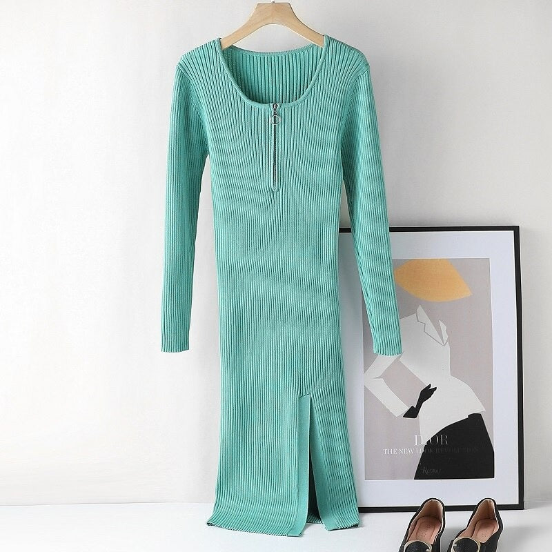 Slim Fit Knitted Long Sleeved Zipper Dress-Soco Hoodie