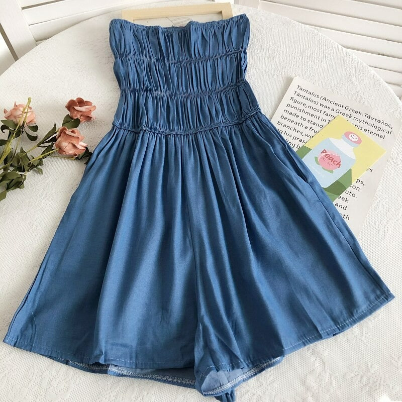 Women's Blue Strapless Short Romper Suit-Soco Hoodie