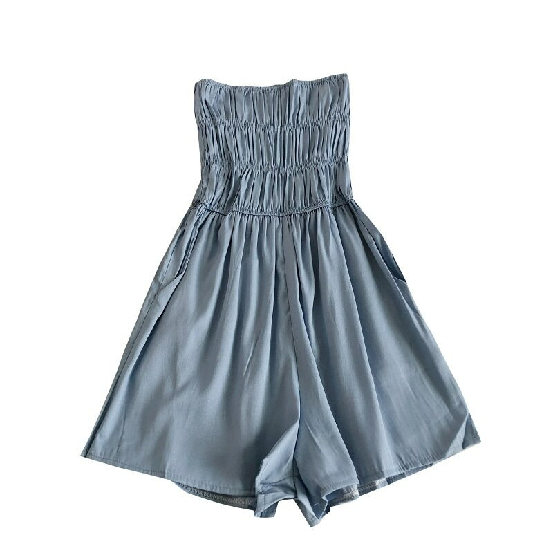 Women's Blue Strapless Short Romper Suit-Soco Hoodie