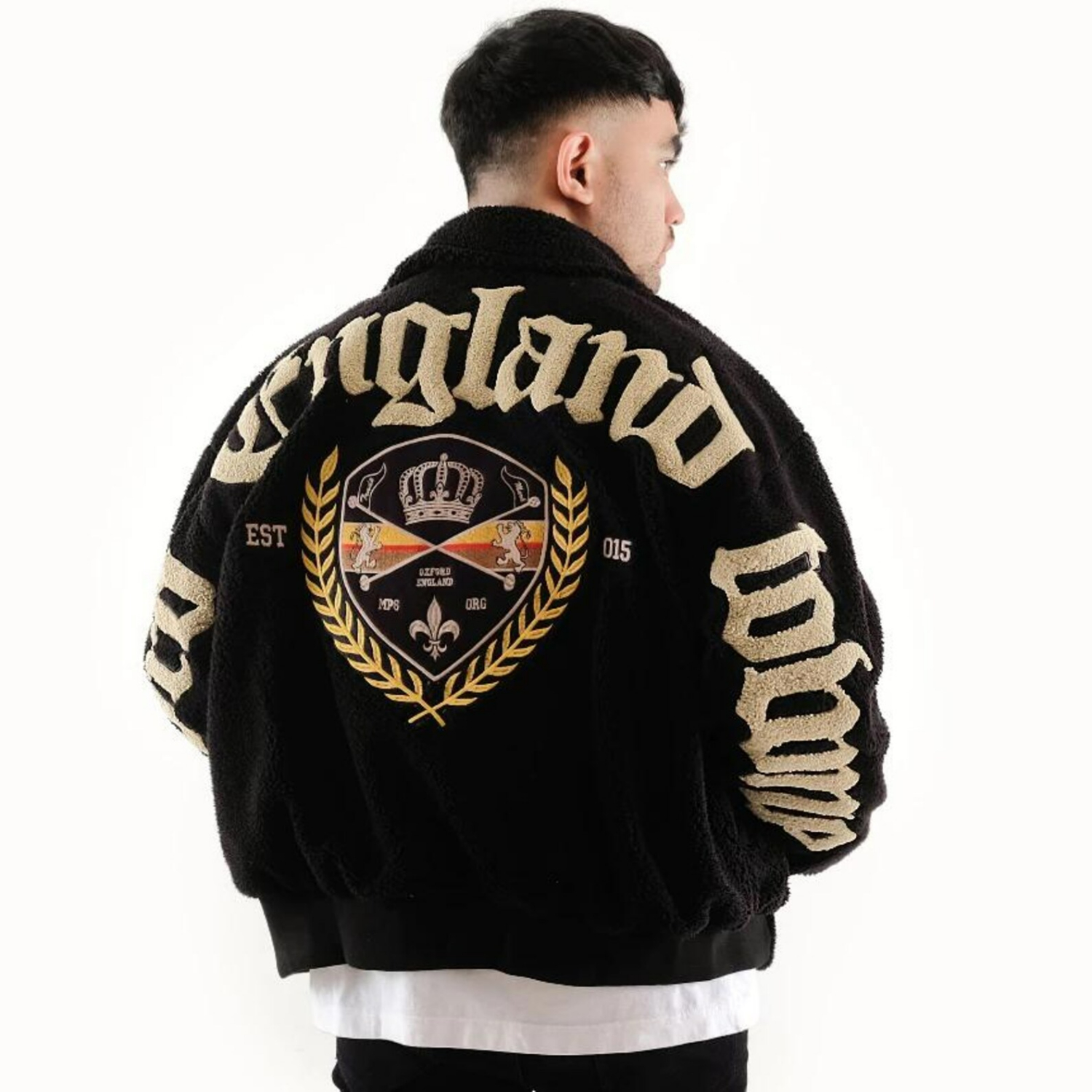 Embroidered Varsity Style Sherpa Bomber Jacket