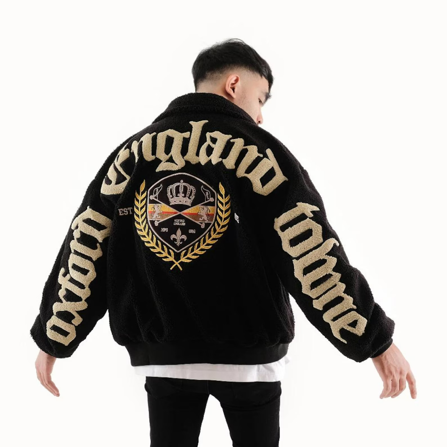 Embroidered Varsity Style Sherpa Bomber Jacket