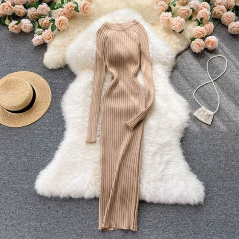 O-Neck Elastic Warm Knitted Sweater Dress-Soco Hoodie