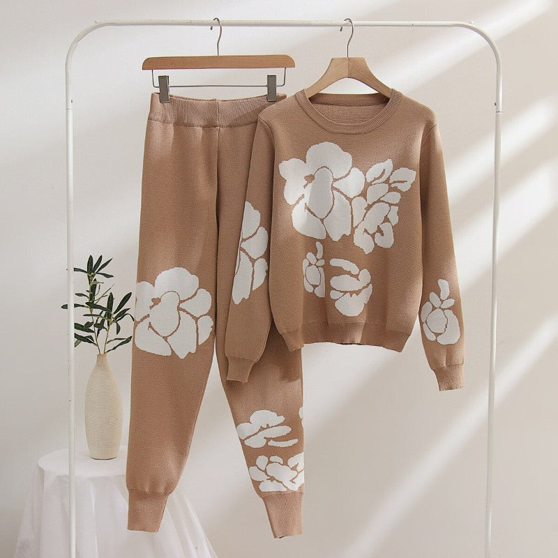 Casual Flower Printed Knitted Two-Piece Set For Women-Soco Hoodie