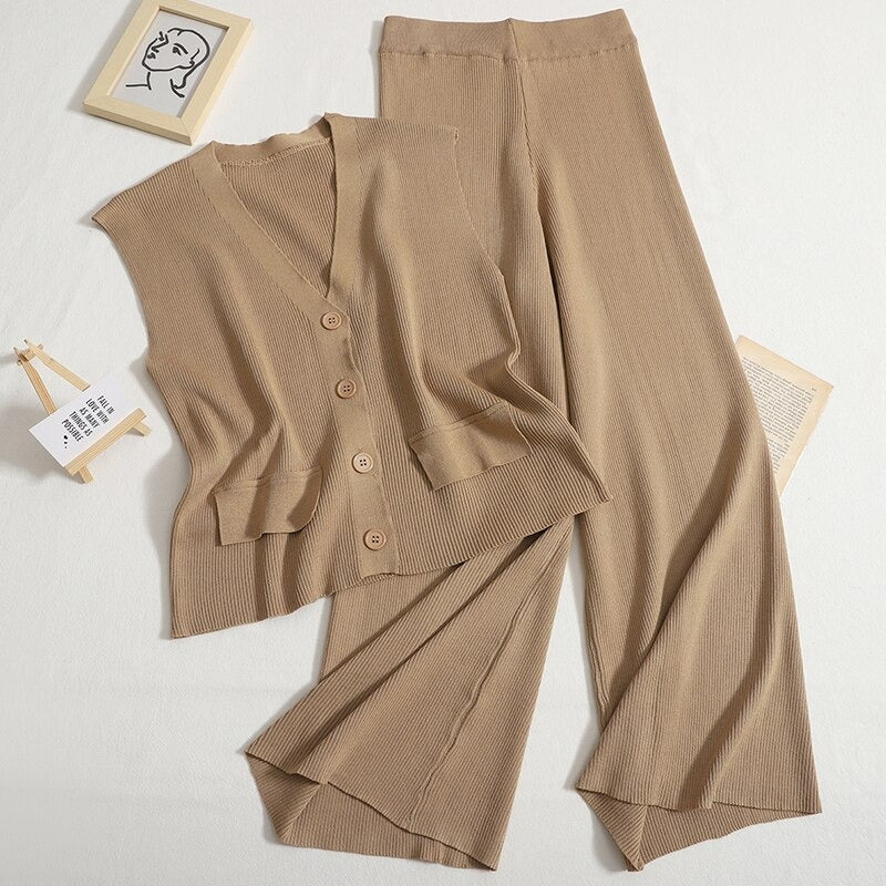 Retro Knitted Loose V-Neck Top And Pants Sets-Soco Hoodie