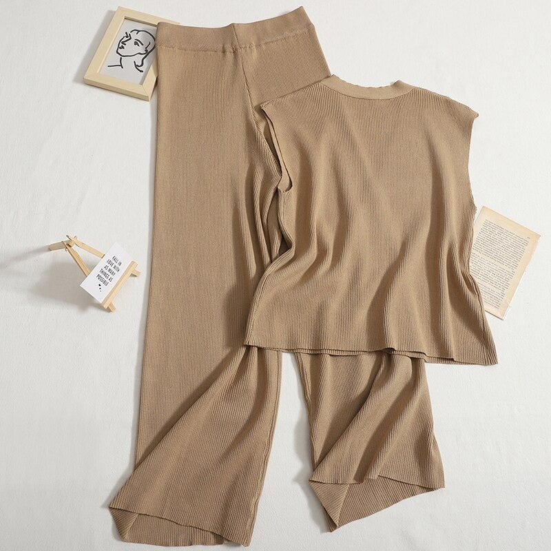 Retro Knitted Loose V-Neck Top And Pants Sets-Soco Hoodie