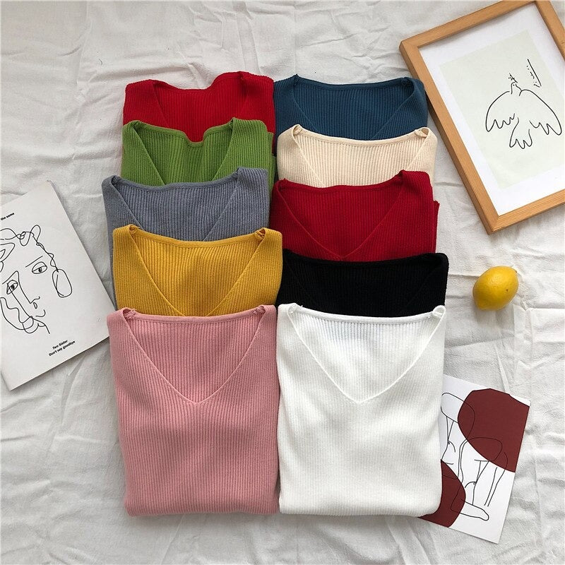 V-Neck Knitted Long Sleeves Skinny Pullovers For Women-Soco Hoodie