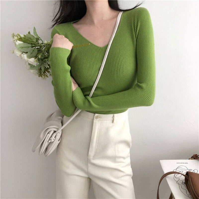 V-Neck Knitted Long Sleeves Skinny Pullovers For Women-Soco Hoodie