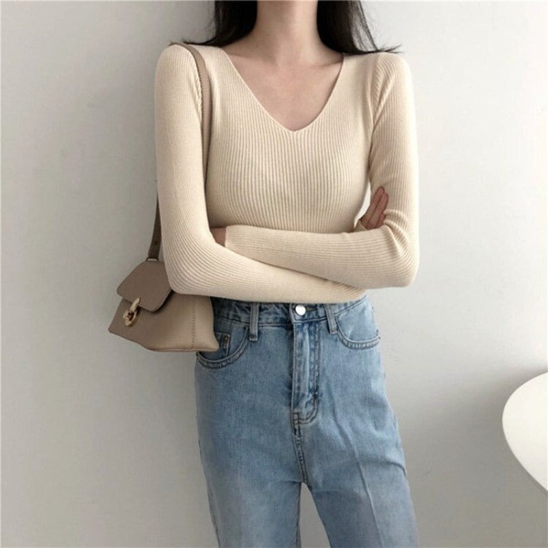 V-Neck Knitted Long Sleeves Skinny Pullovers For Women-Soco Hoodie