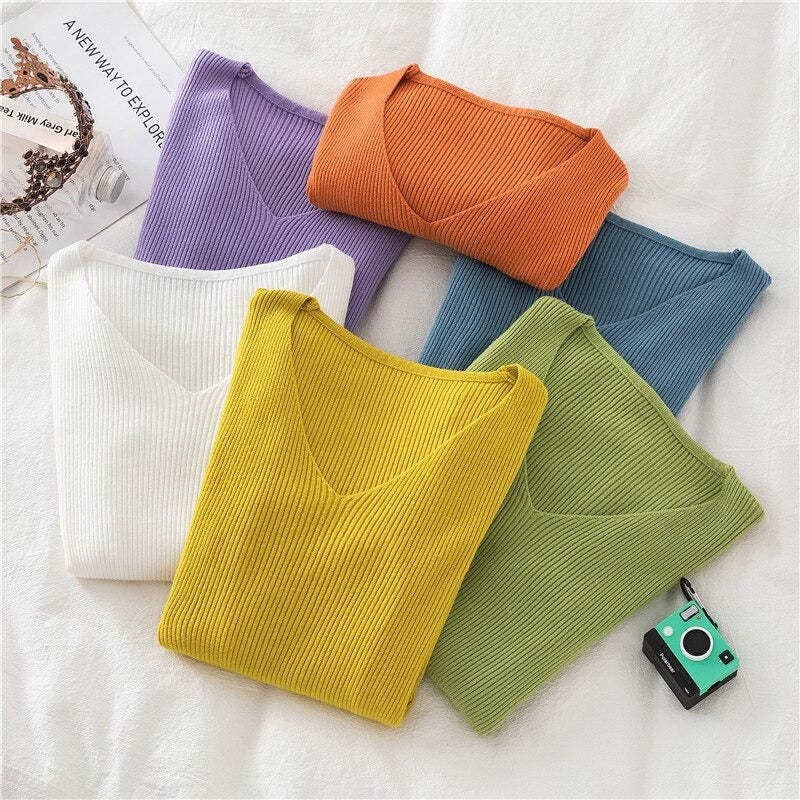 V-Neck Long-Sleeved Woolen Knitted Pullover For Women-Soco Hoodie