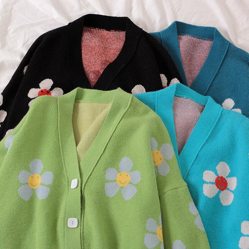 V-Neck Knitwear Loose Floral Knitted Sweater Cardigan-Soco Hoodie