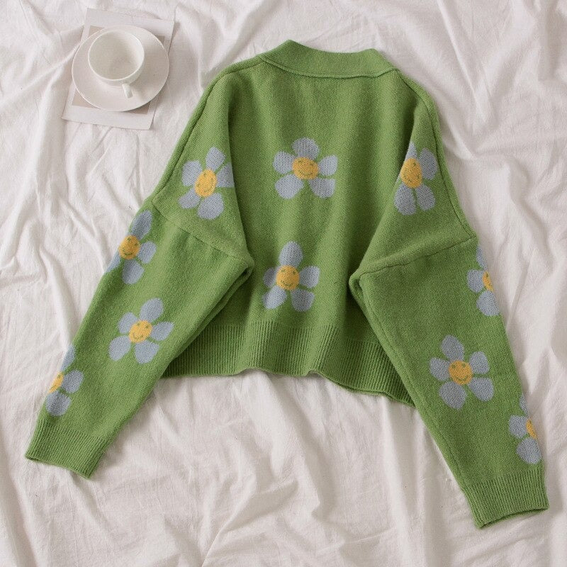 V-Neck Knitwear Loose Floral Knitted Sweater Cardigan-Soco Hoodie