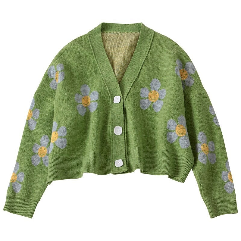 V-Neck Knitwear Loose Floral Knitted Sweater Cardigan-Soco Hoodie
