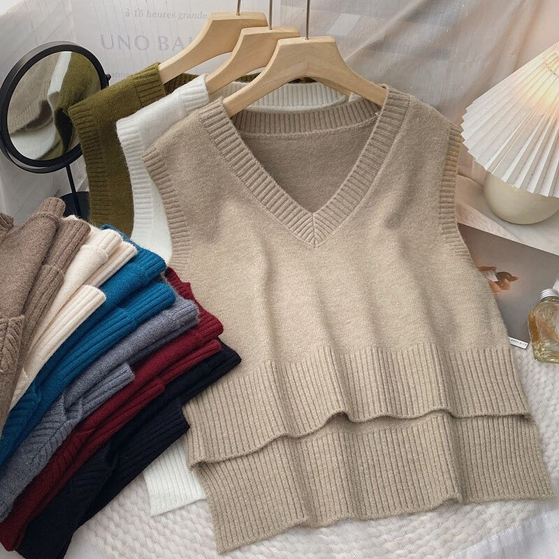Loose Knitted V-Neck Sweater Vest For Women-Soco Hoodie