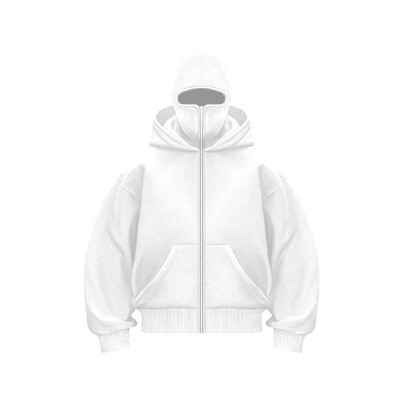 Windproof Outdoor Jacket With Adjustable Balaclava And Zippered Pockets White