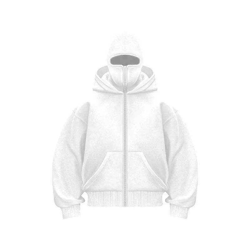 Windproof Outdoor Jacket With Adjustable Balaclava And Zippered Pockets White