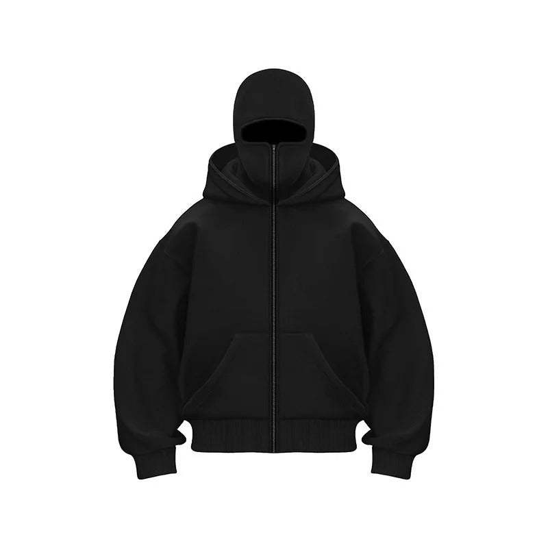 Windproof Outdoor Jacket With Adjustable Balaclava And Zippered Pockets Black