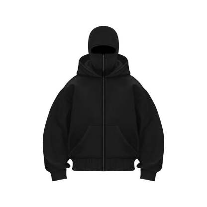 Windproof Outdoor Jacket With Adjustable Balaclava And Zippered Pockets Black