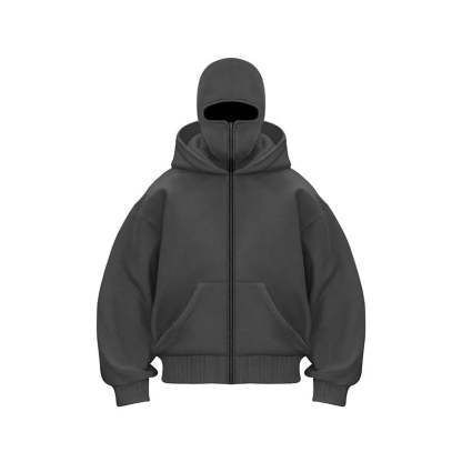 Windproof Outdoor Jacket With Adjustable Balaclava And Zippered Pockets Gray