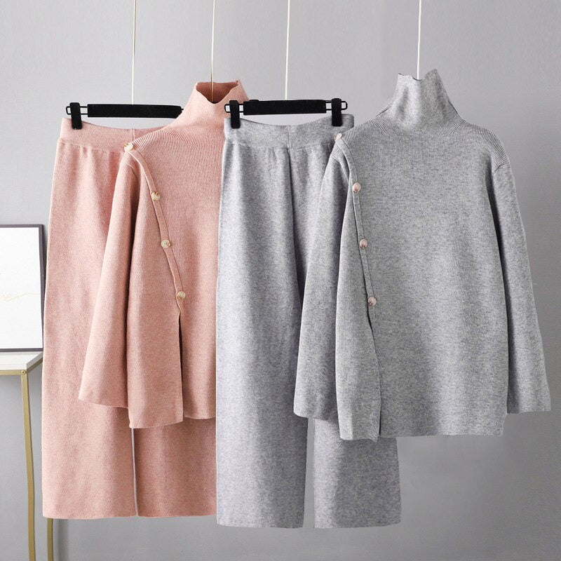 Casual Button Sweater And Wide-Leg Pants Suit For Women-Soco Hoodie