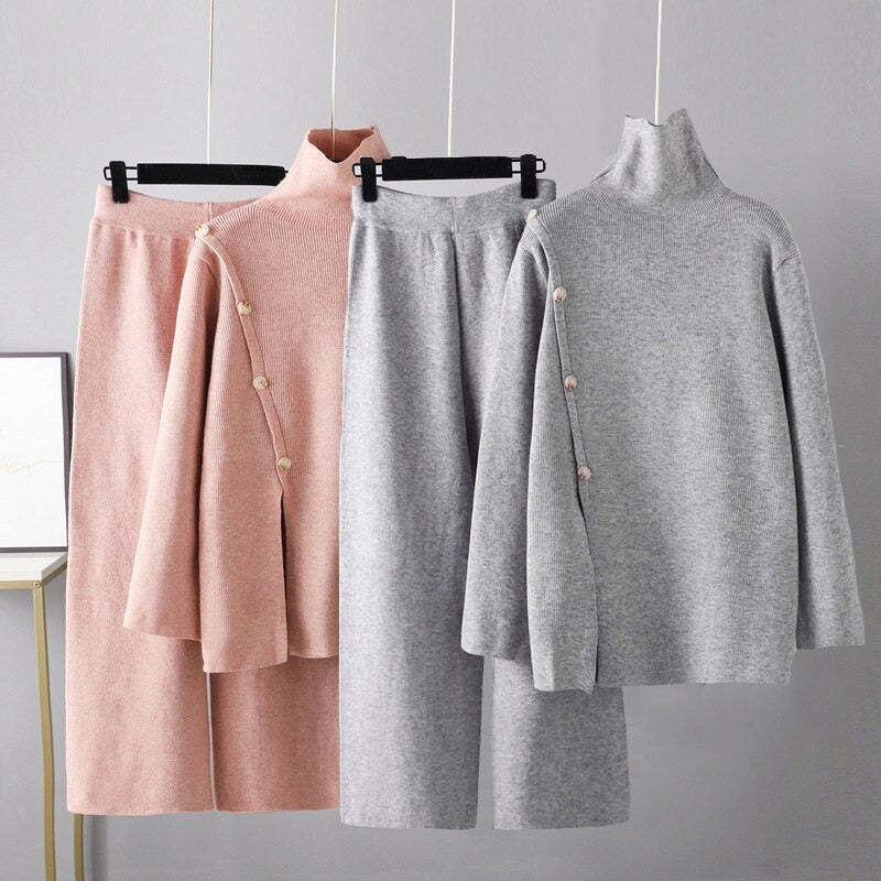 Casual Button Sweater And Wide-Leg Pants Suit For Women-Soco Hoodie