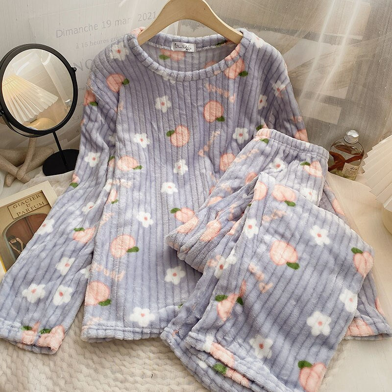 Strawberry Printed Velvet Pajama Set For Women-Soco Hoodie