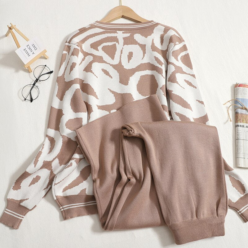 Casual Leopard V-Neck Knitted Jacket Set-Soco Hoodie