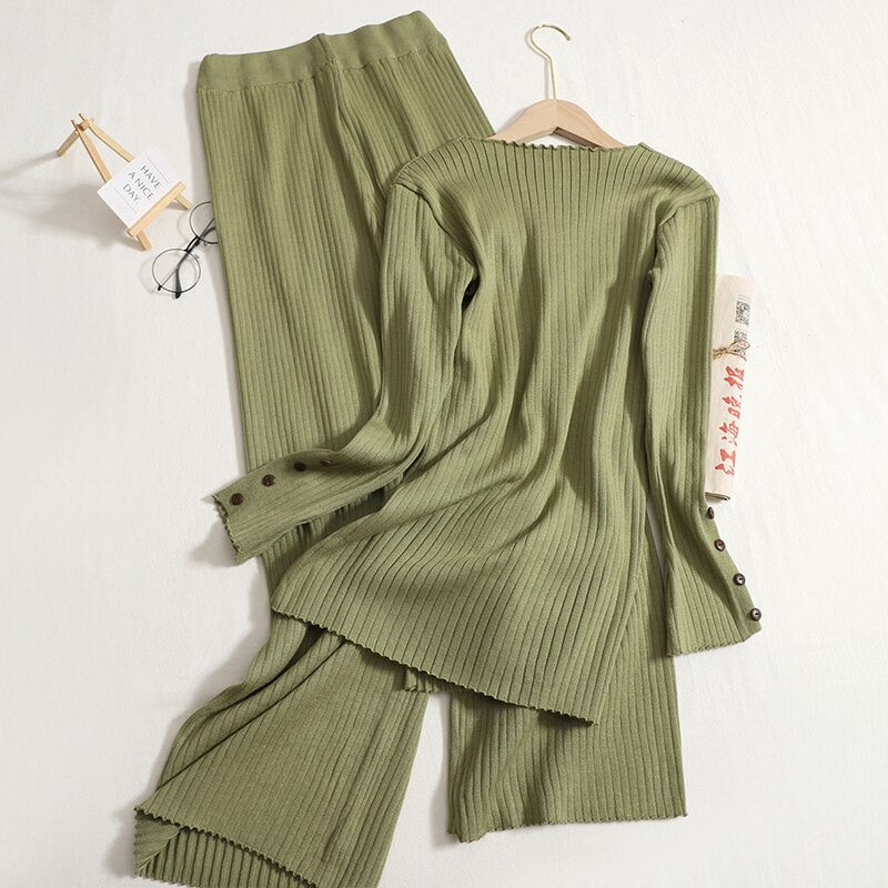 Solid V-Neck Slit And Wide Leg Pant Set-Soco Hoodie