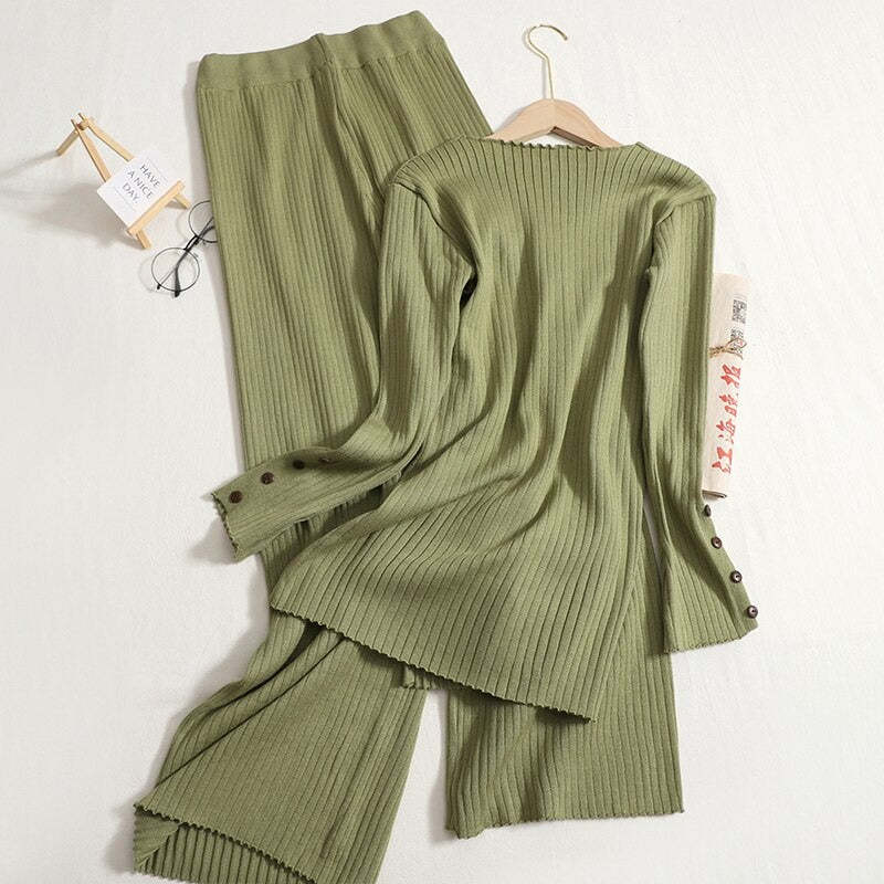 Solid V-Neck Slit And Wide Leg Pant Set-Soco Hoodie