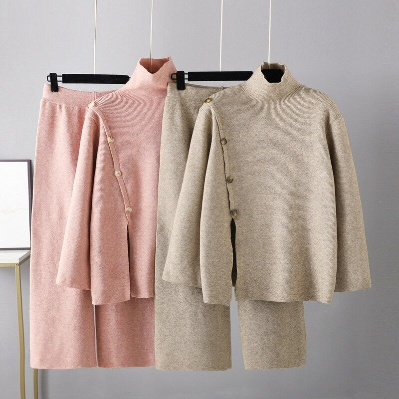 Casual Button Sweater And Wide-Leg Pants Suit For Women-Soco Hoodie