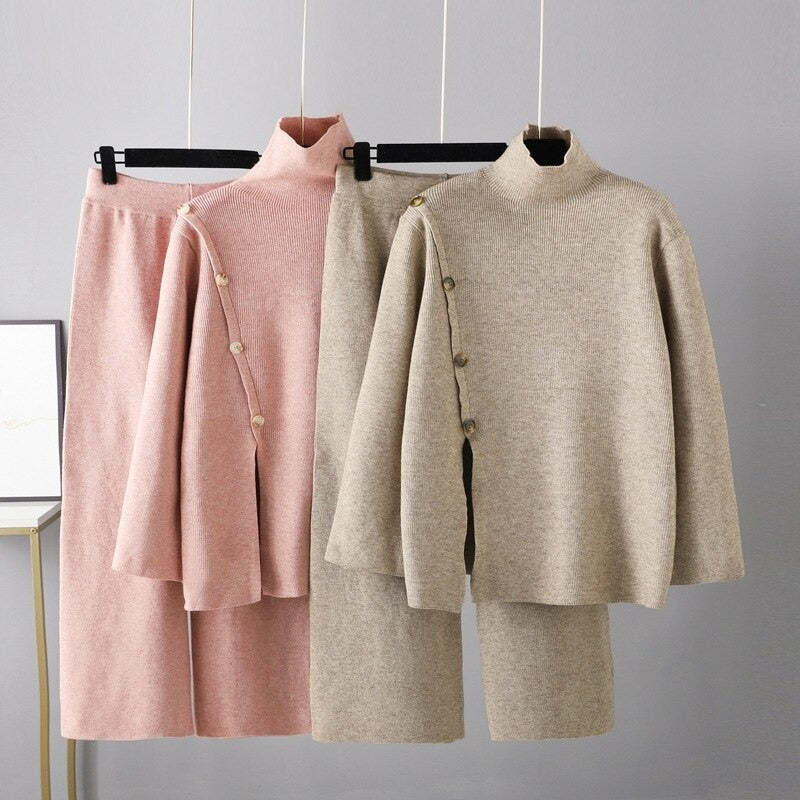 Casual Button Sweater And Wide-Leg Pants Suit For Women-Soco Hoodie