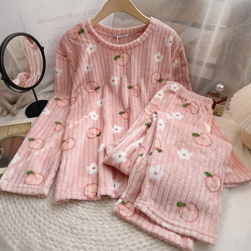 Strawberry Printed Velvet Pajama Set For Women-Soco Hoodie