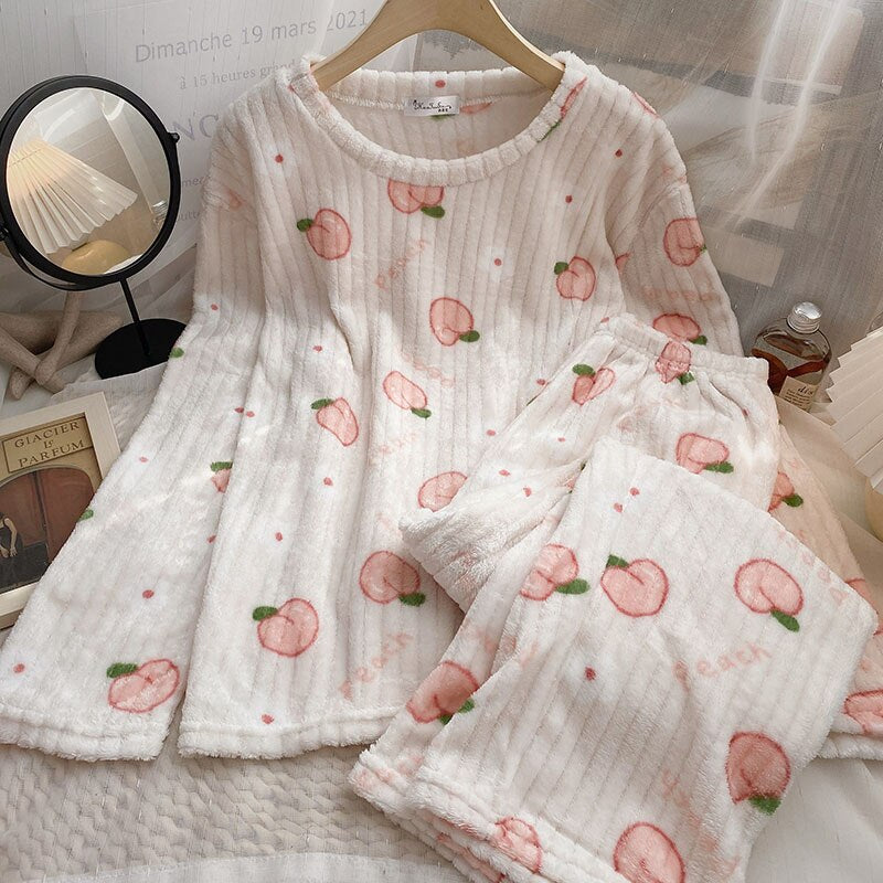 Strawberry Printed Velvet Pajama Set For Women-Soco Hoodie