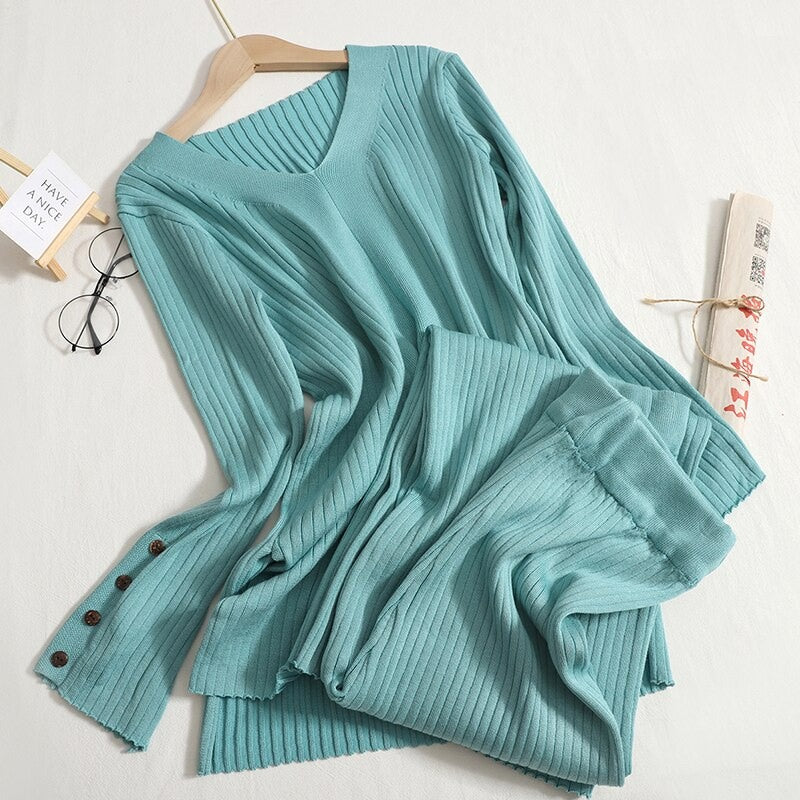 Solid V-Neck Slit And Wide Leg Pant Set-Soco Hoodie