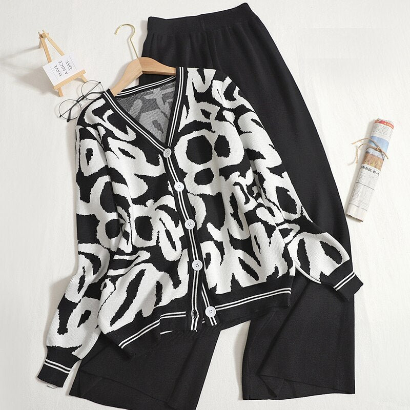 Casual Leopard V-Neck Knitted Jacket Set-Soco Hoodie