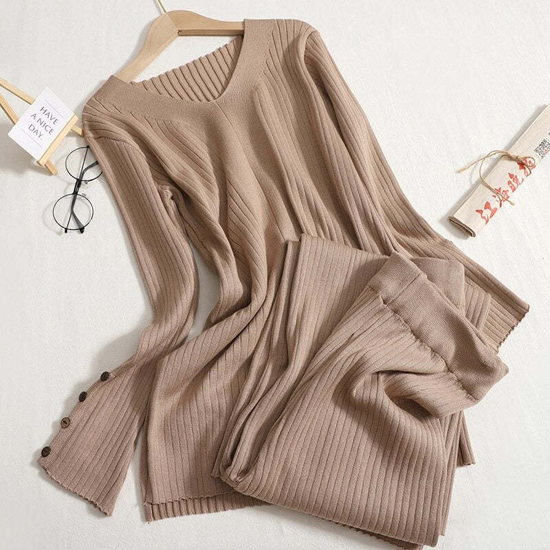 Solid V-Neck Slit And Wide Leg Pant Set-Soco Hoodie