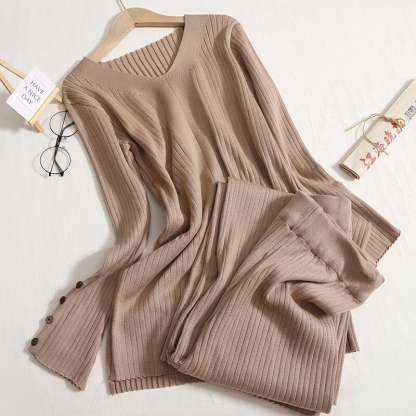 Solid V-Neck Slit And Wide Leg Pant Set-Soco Hoodie