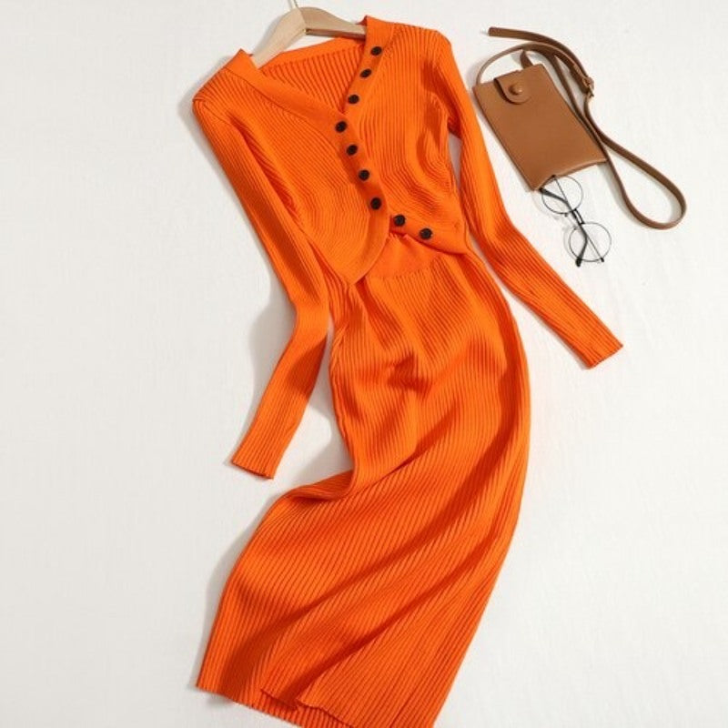 Elegant Hollow Out V-neck Long Sweater Dress For Women-Soco Hoodie