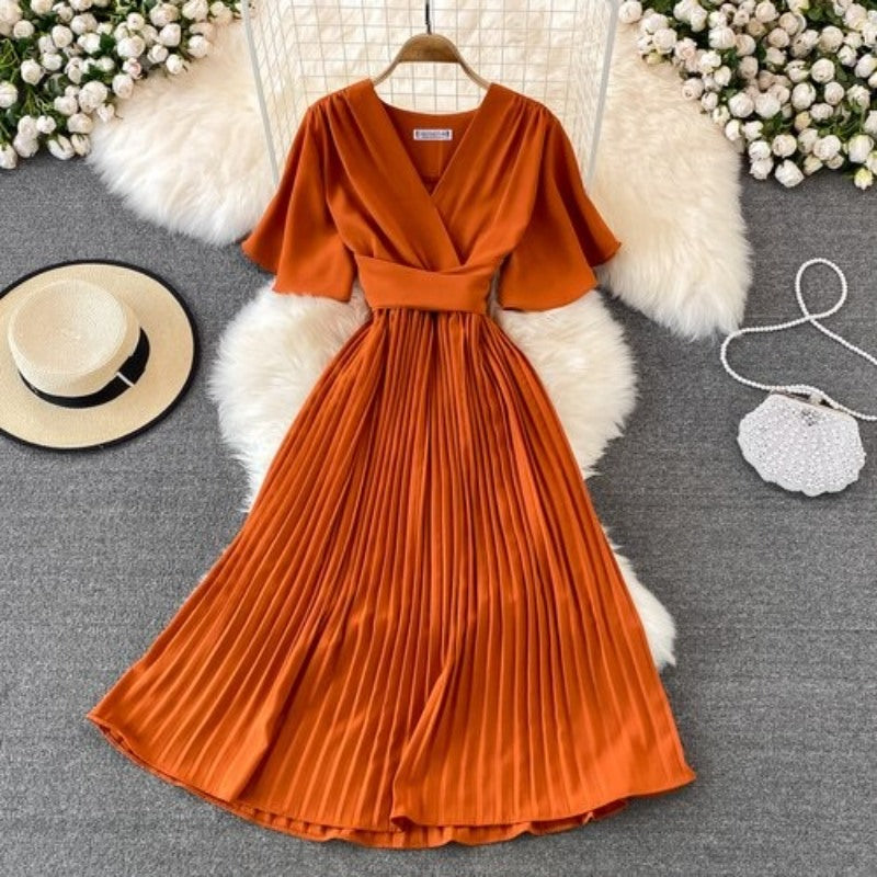 Elegant Solid Color V-neck Short Sleeve Dress For Women-Soco Hoodie