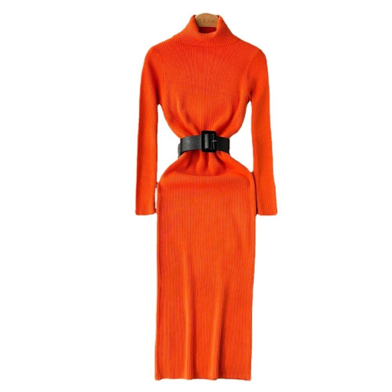 Women's Turtleneck A-Line Knitted Bodycon Dress With Belt-Soco Hoodie