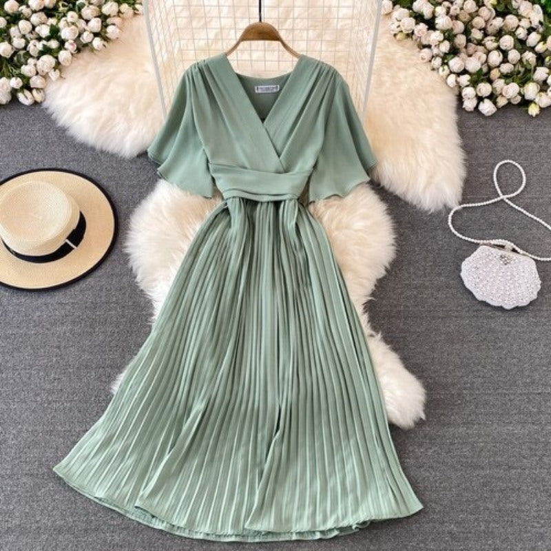 Elegant Solid Color V-neck Short Sleeve Dress For Women-Soco Hoodie
