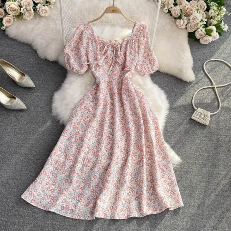 High Waist Floral Chiffon Short Sleeve Dress For Women-Soco Hoodie