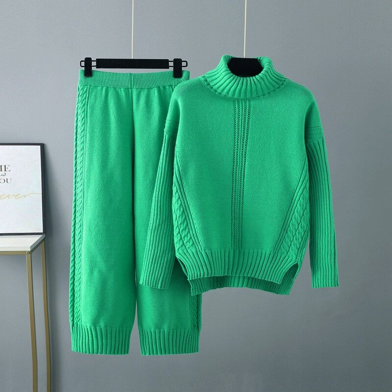 Turtleneck Thickened Knitted Sweater And Pants For Women-Soco Hoodie