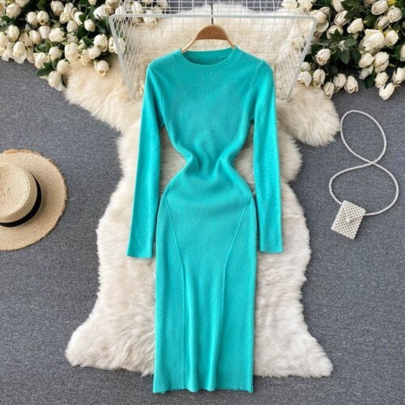Elegant O Neck Tight Stretch Knit Dress For Women-Soco Hoodie