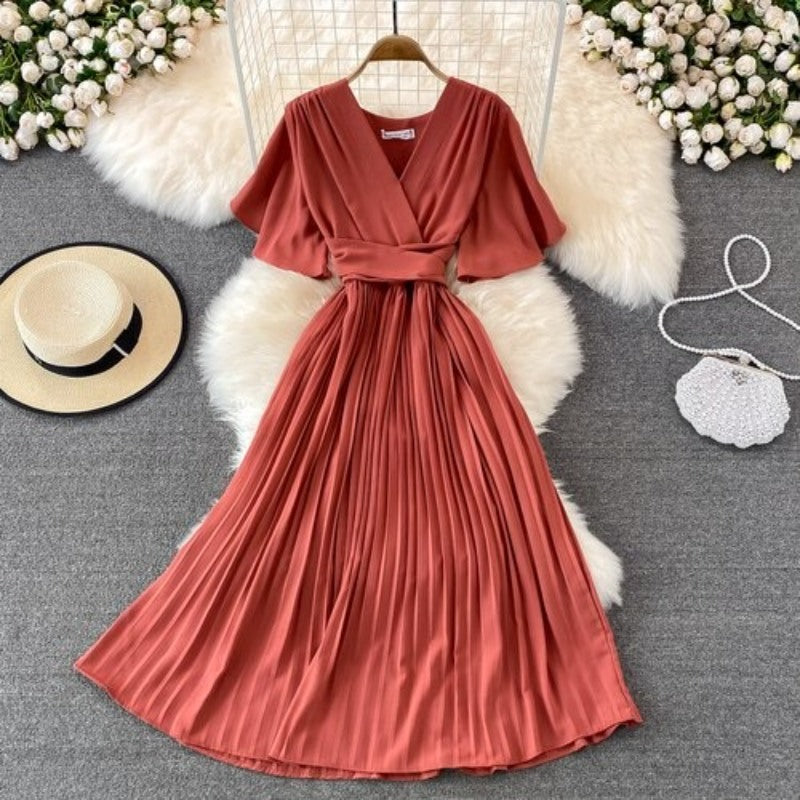Elegant Solid Color V-neck Short Sleeve Dress For Women-Soco Hoodie