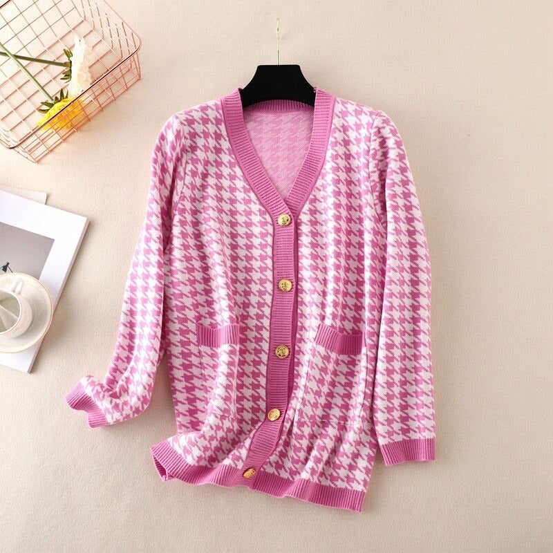 Elegant Houndstooth Knit Oversized Cardigan For Women-Soco Hoodie