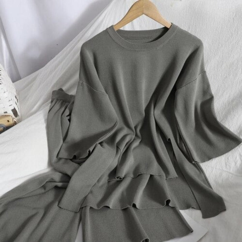 2 Pieces Long Slit Top With Loose Wide-Leg Pants For Women-Soco Hoodie