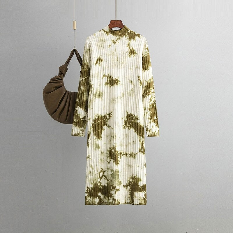 Loose Midi Retro Printed Soft Tie-Dyed Knitted Dress-Soco Hoodie