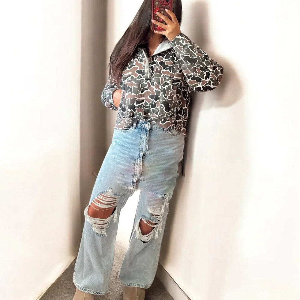 Patterned Pullover With Front Zipper