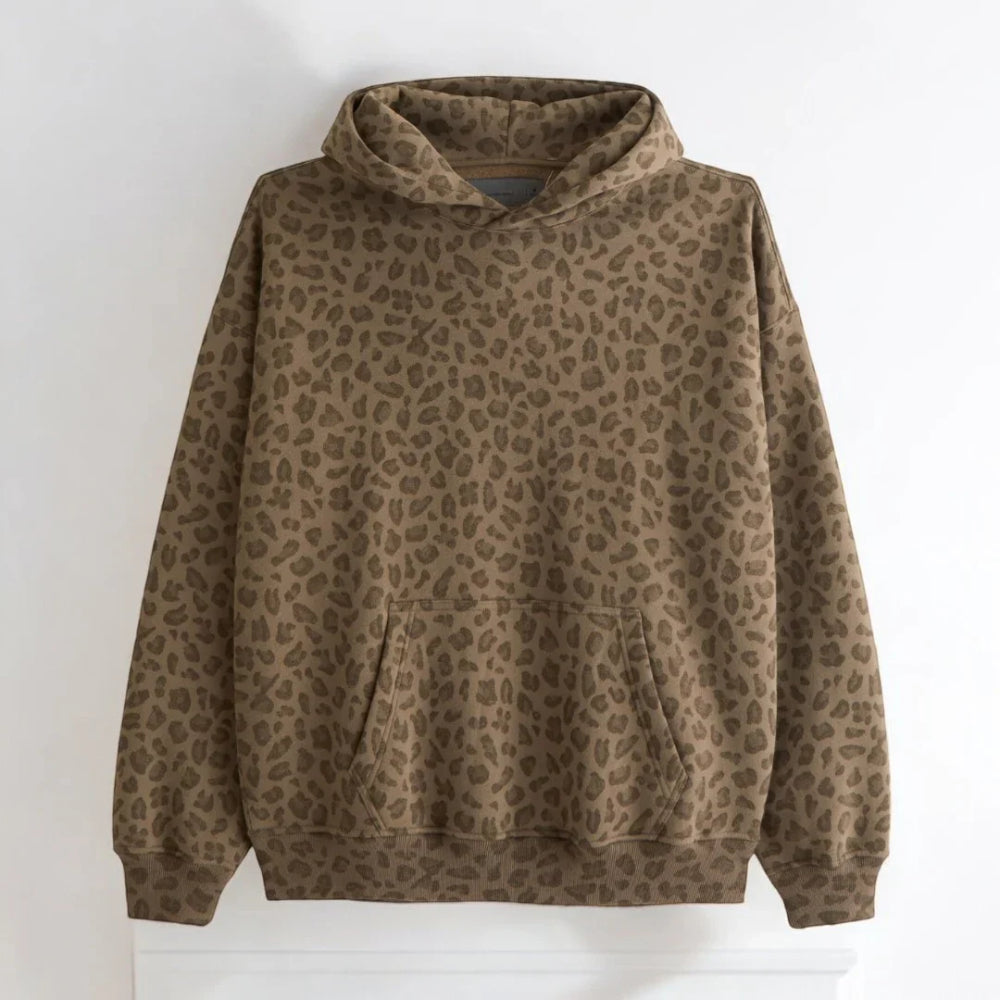 Printed Pullover Hoodie With Kangaroo Pocket Brown